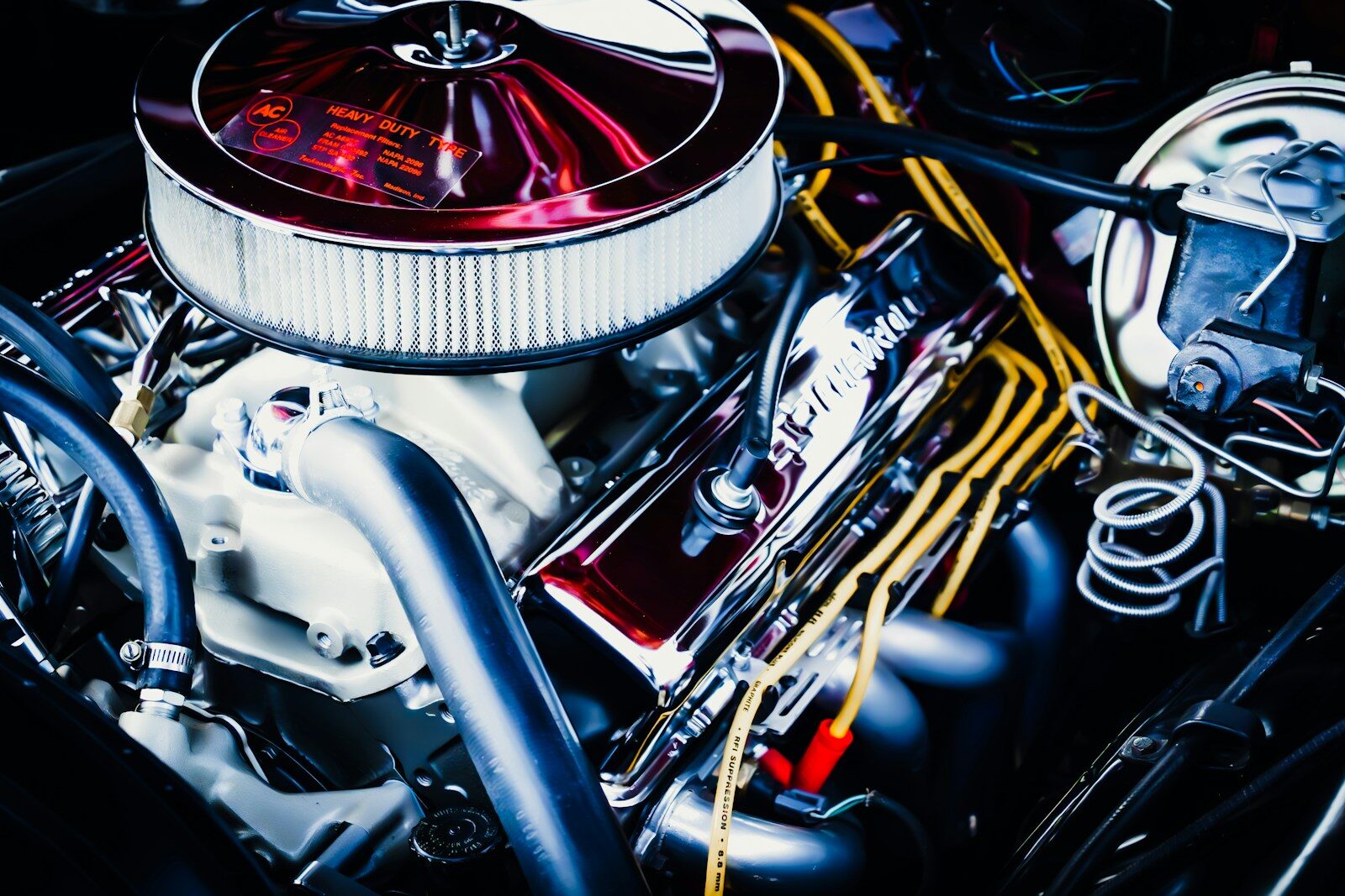 Chrome air cleaner and V-8 engine in an engine bay