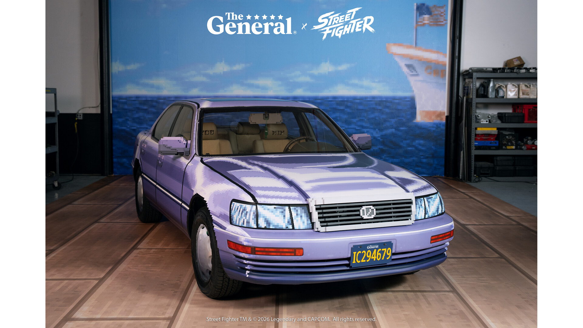 Street Fighter II bonus-stage 1994 Lexus LS400 replica in a pixelated lavender vinyl wrap