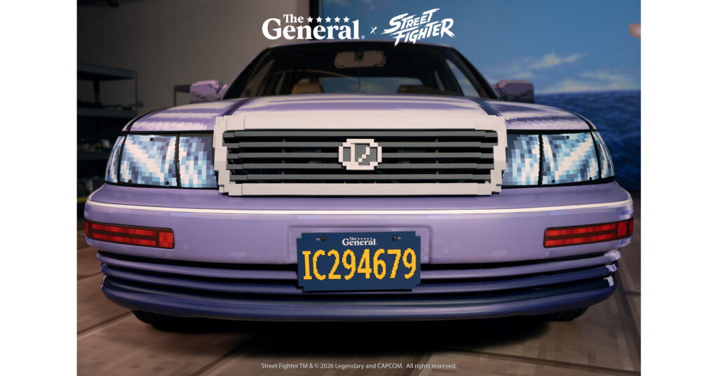 Front view of the pixel-wrapped Street Fighter II bonus-stage Lexus LS400
