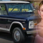 Composite illustration of actress Sydney Sweeney beside a 1969 Ford Bronco