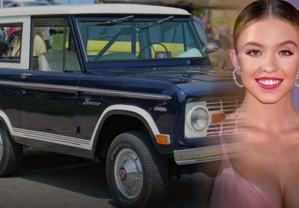 Composite illustration of actress Sydney Sweeney beside a 1969 Ford Bronco