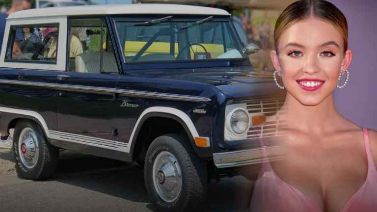 Composite illustration of actress Sydney Sweeney beside a 1969 Ford Bronco