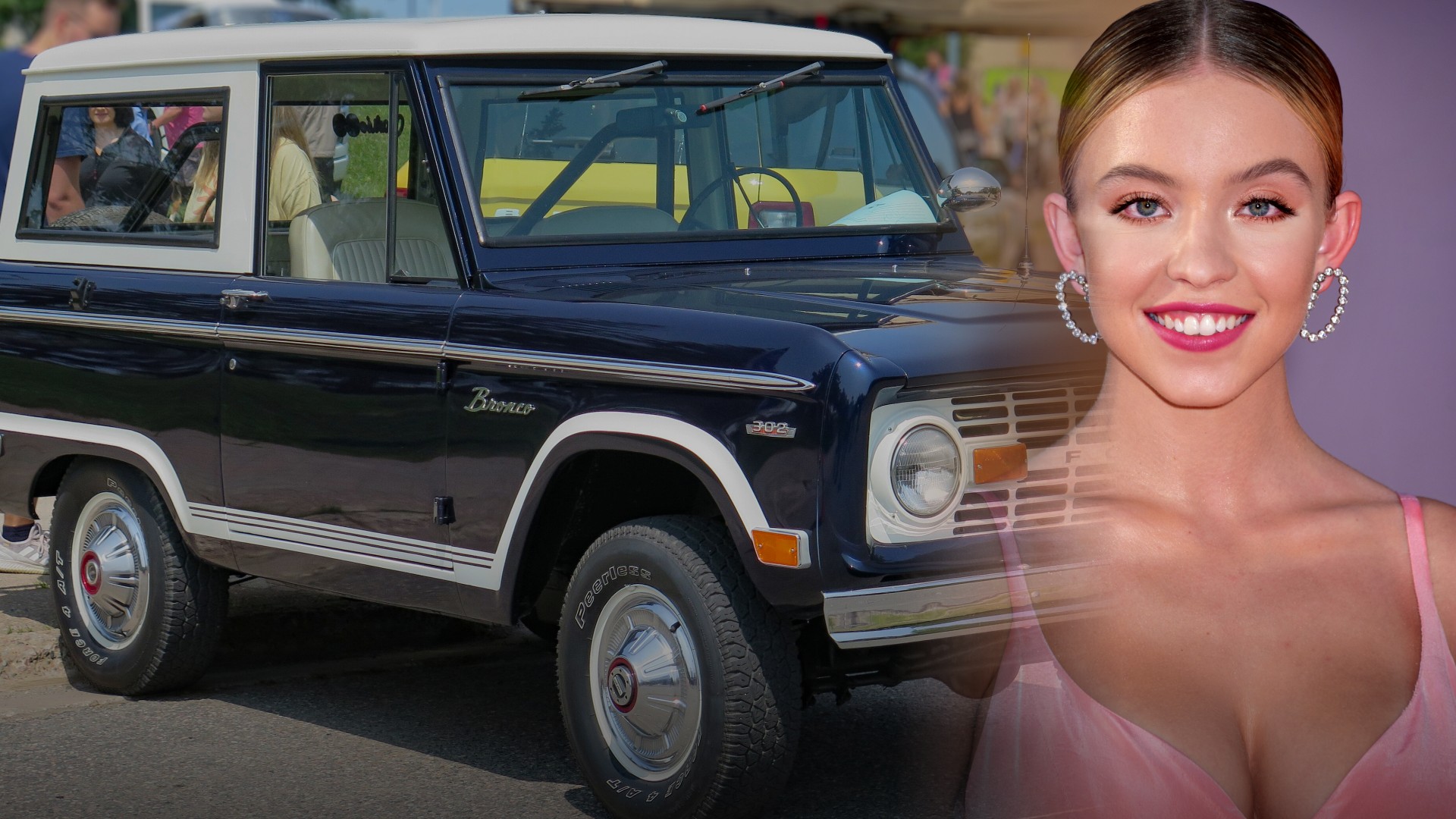 Composite illustration of actress Sydney Sweeney beside a 1969 Ford Bronco