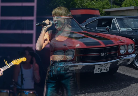 Photo illustration blending a Taylor Swift concert photo with a red 1970 Chevrolet Chevelle SS