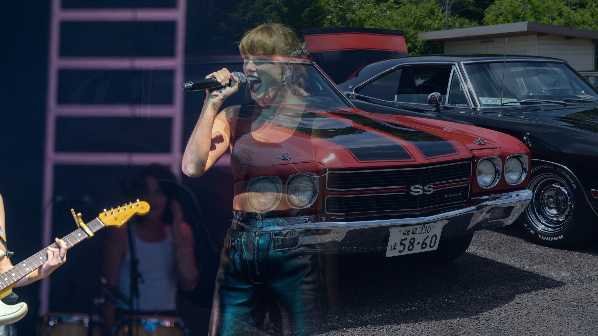 Photo illustration blending a Taylor Swift concert photo with a red 1970 Chevrolet Chevelle SS