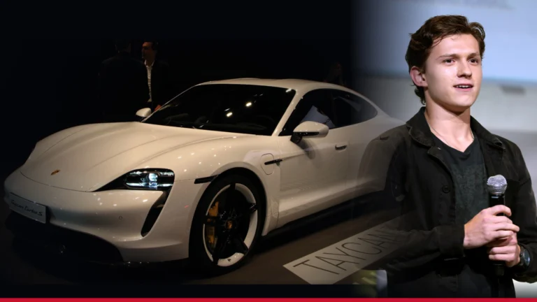 Tom Holland beside a white Porsche Taycan Turbo S