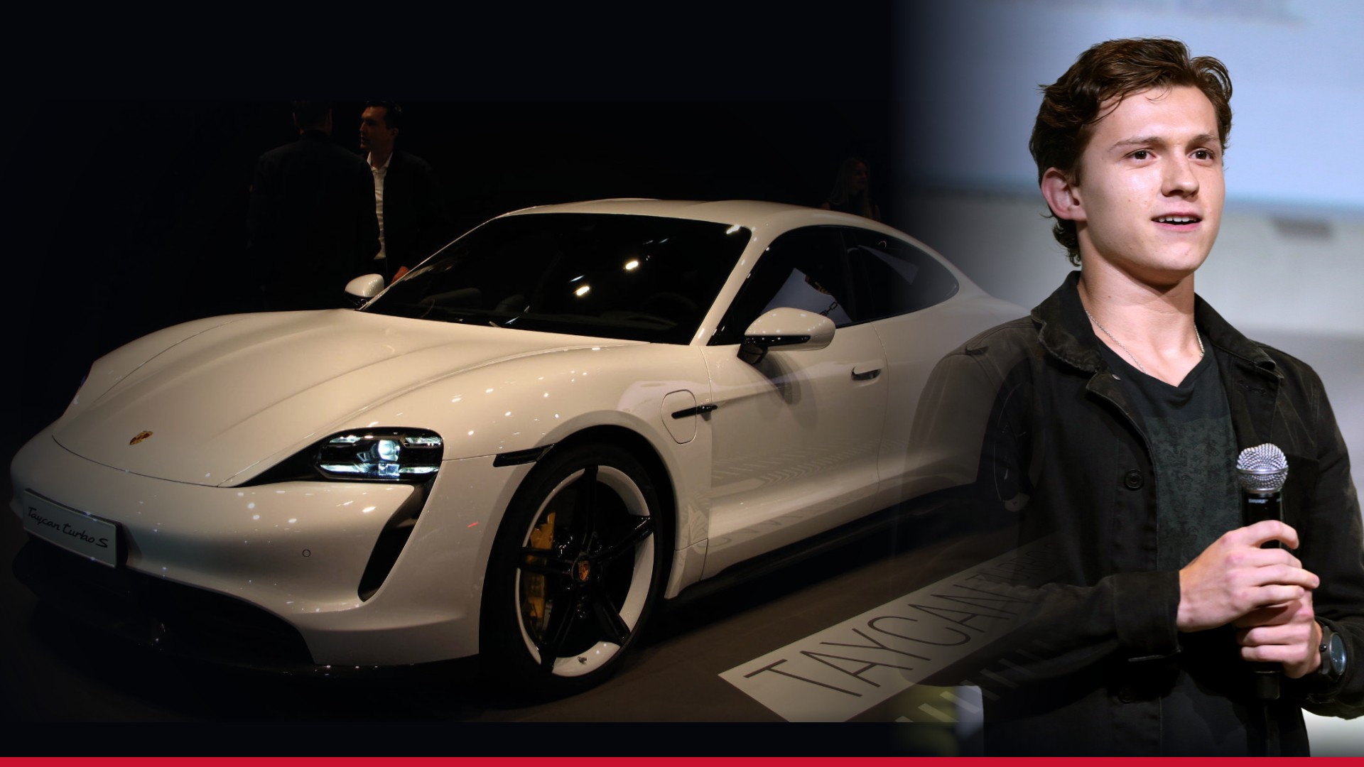 Tom Holland beside a white Porsche Taycan Turbo S