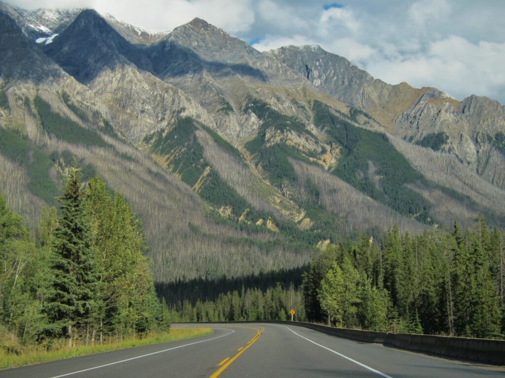 The Trans-Canada Highway curving through mountains near Golden, British Columbia
