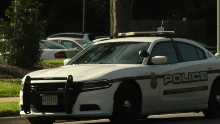 White and black police patrol car on a road