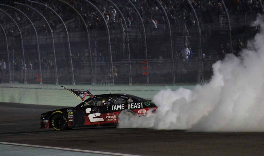 Tyler Reddick doing a burnout to celebrate his 2019 Xfinity Series championship